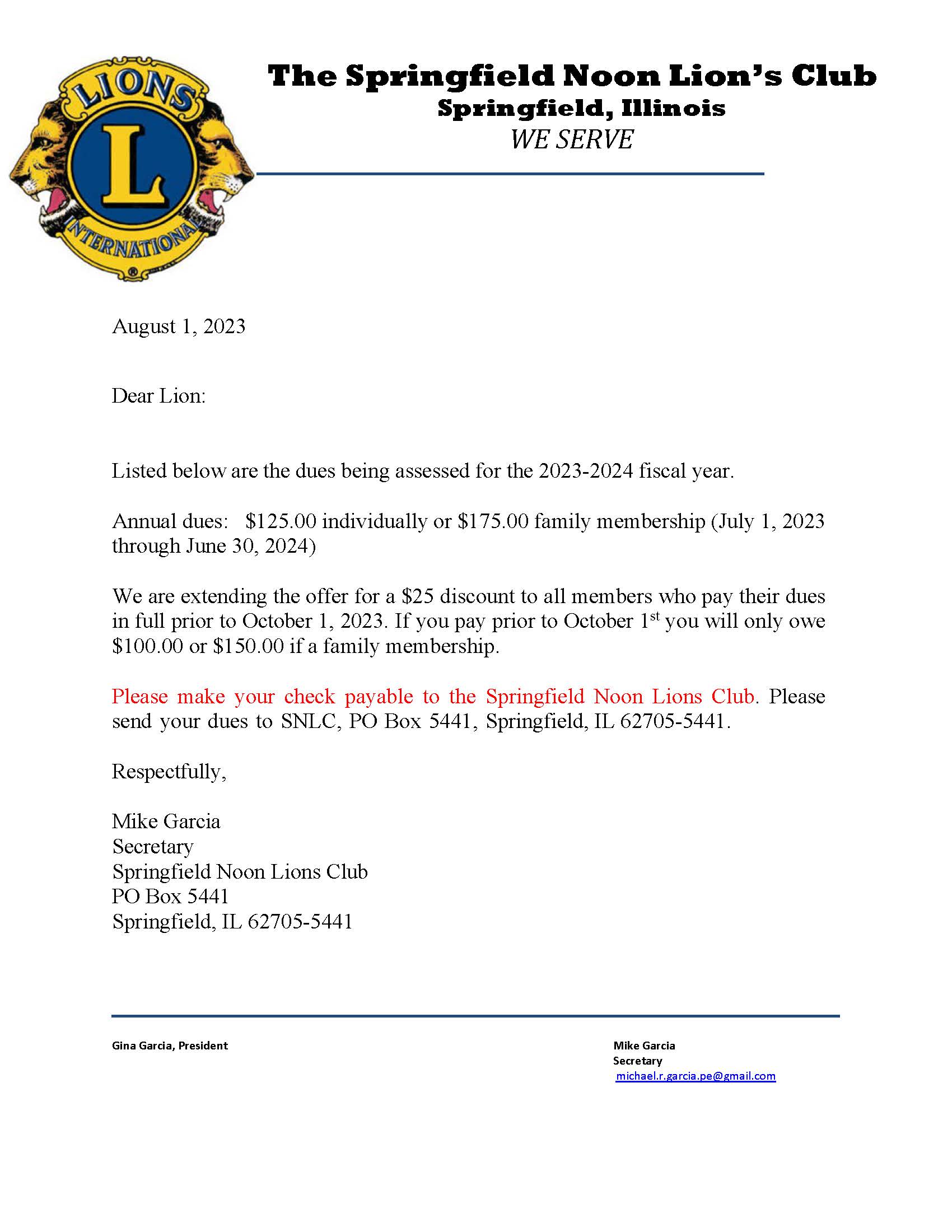 20232024 Annual Springfield Noon Lions Club Dues are Due SPRINGFIELD